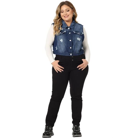 Plus Size Sleeveless Button Jean Crop Denim Jacket Vest Dark Blue - Picture 3 of 5